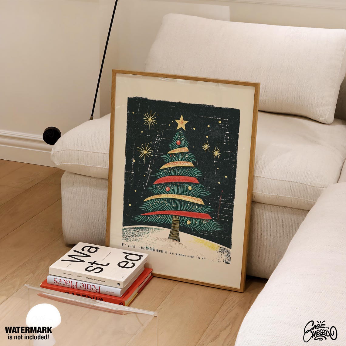 Colorful Striped Christmas Tree Linocut Style Starry Night Poster - Image 4