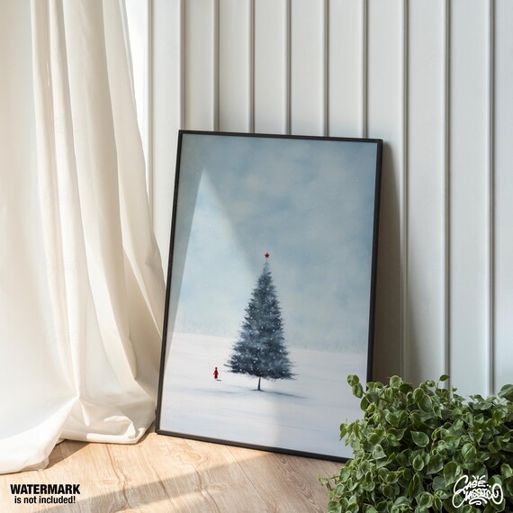 Snowy Christmas Tree with Red Star Serene Winter Landscape Poster