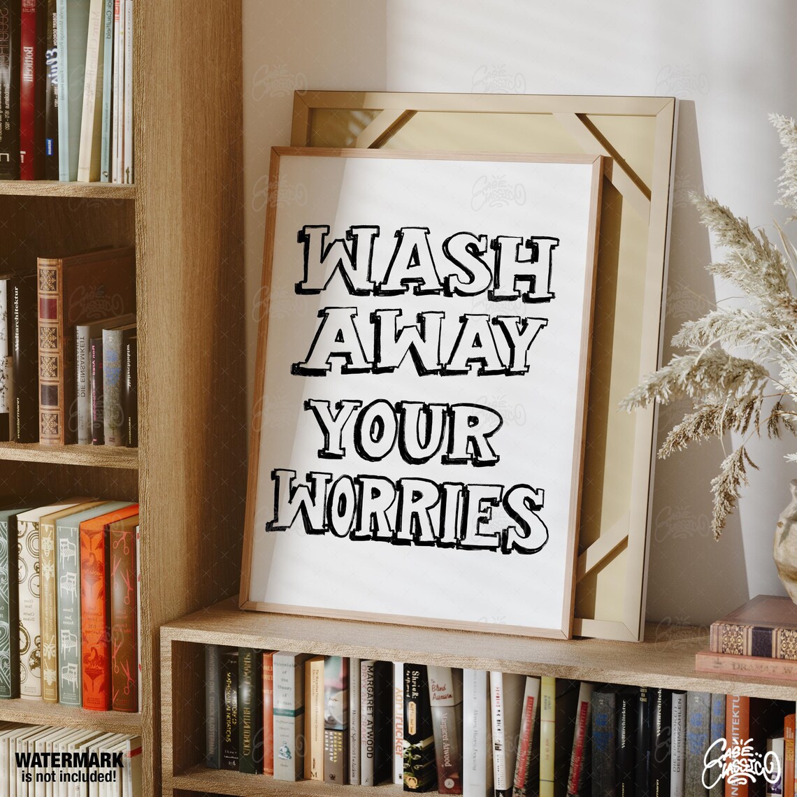 Wash Away Your Worries Bold Black Outline Bathroom Quote Poster - Image 2