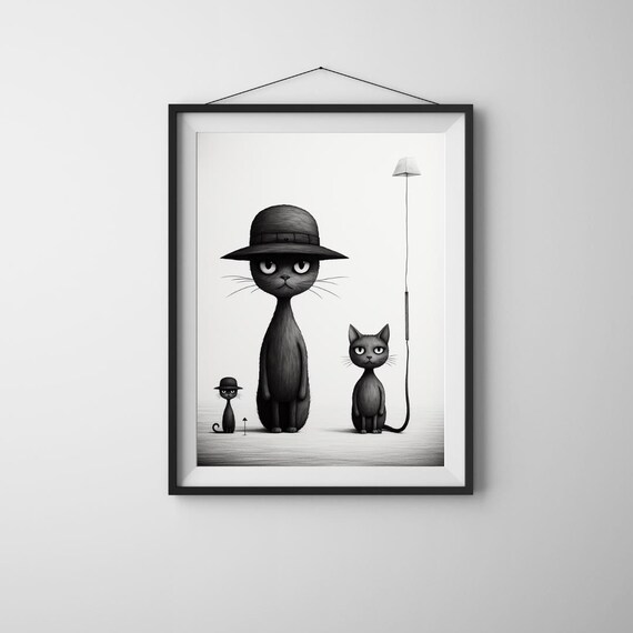 Black Cat Trio Fedora Hats Whimsical Minimalist Feline Family Art Poster