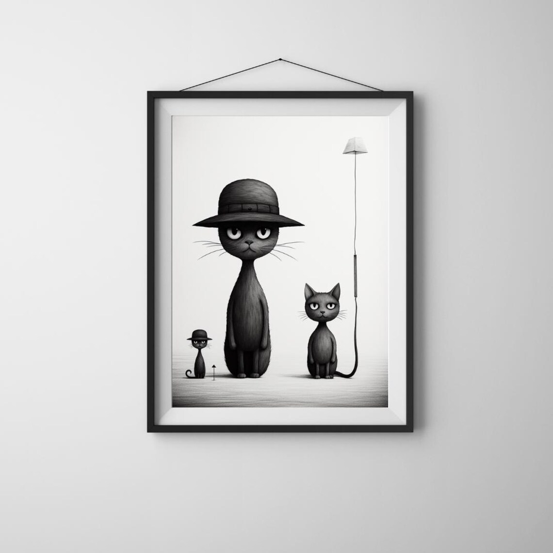 Black Cat Trio Fedora Hats Whimsical Minimalist Feline Family Art Poster