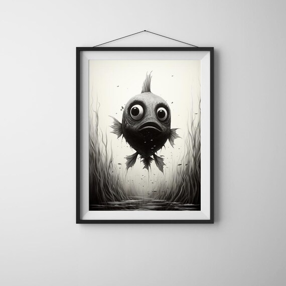Googly Eyed Fish Underwater Whimsical Black And White Illustration Poster