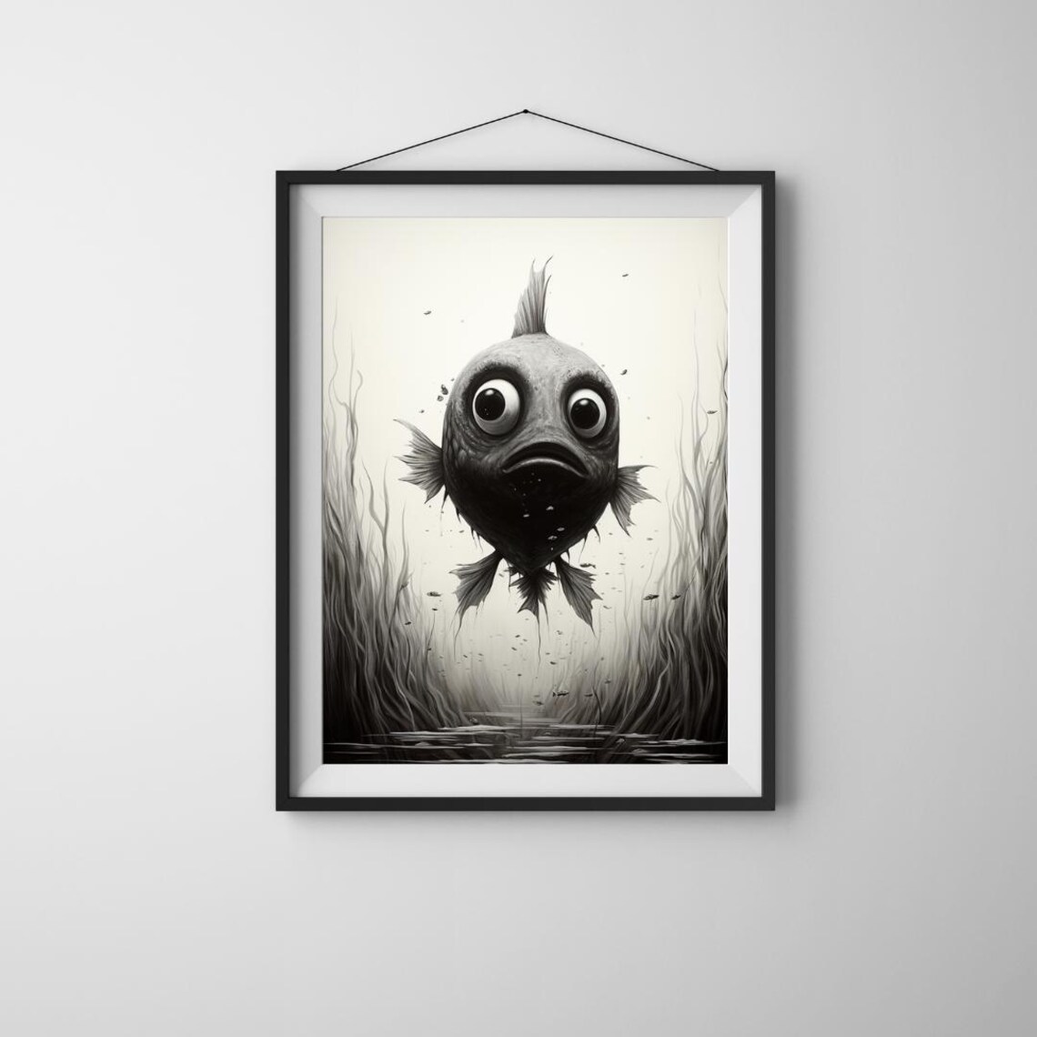 Googly Eyed Fish Underwater Whimsical Black And White Illustration Poster