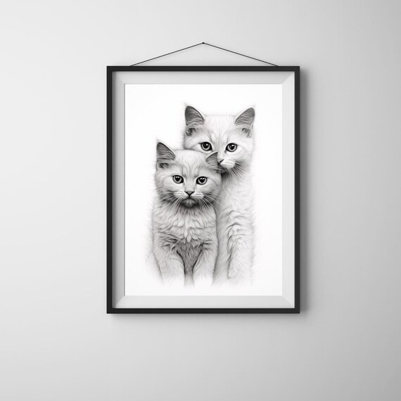 Two Fluffy White Kittens Black White Sweet Cat Pair Cute Animal Art Poster