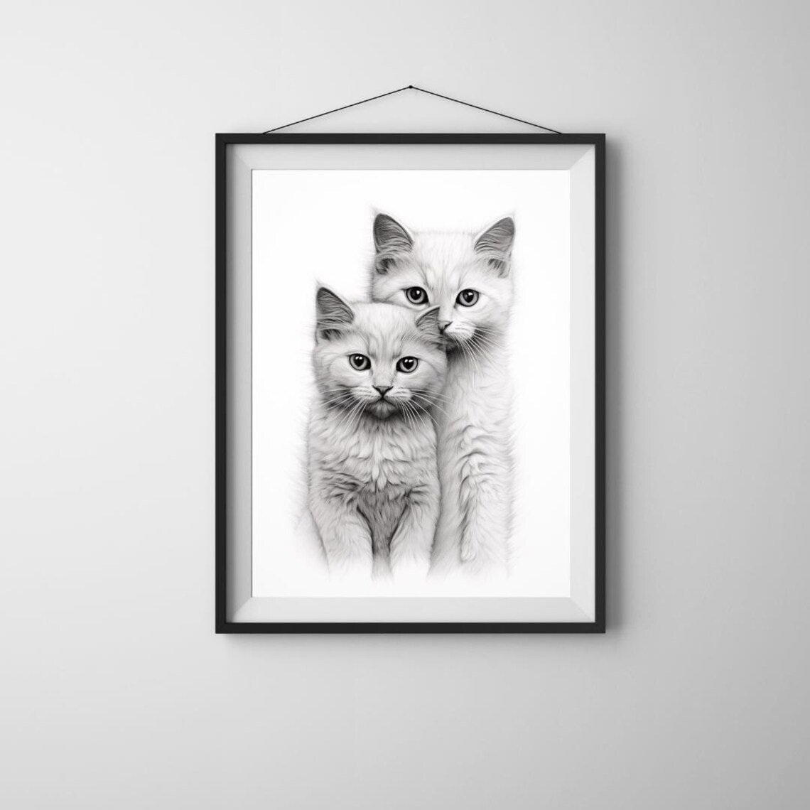 Two Fluffy White Kittens Black White Sweet Cat Pair Cute Animal Art Poster