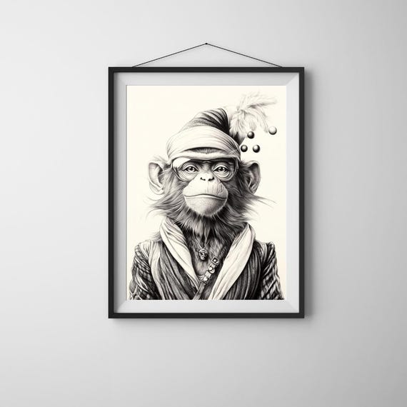 Monkey Art Stylish Black And White Pencil Illustration Cool Pirate Drawing With Glasses Whimsical Animal Portrait Jungle
