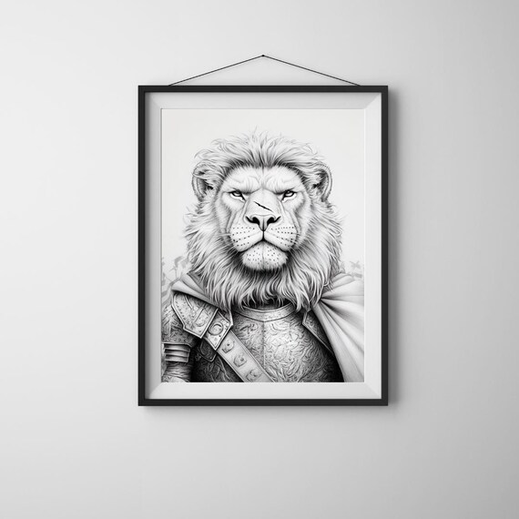 Lion Warrior Wall Art Brave King In Armor Ai Fantasy Animal Portrait Black And White Regal Jungle Poster