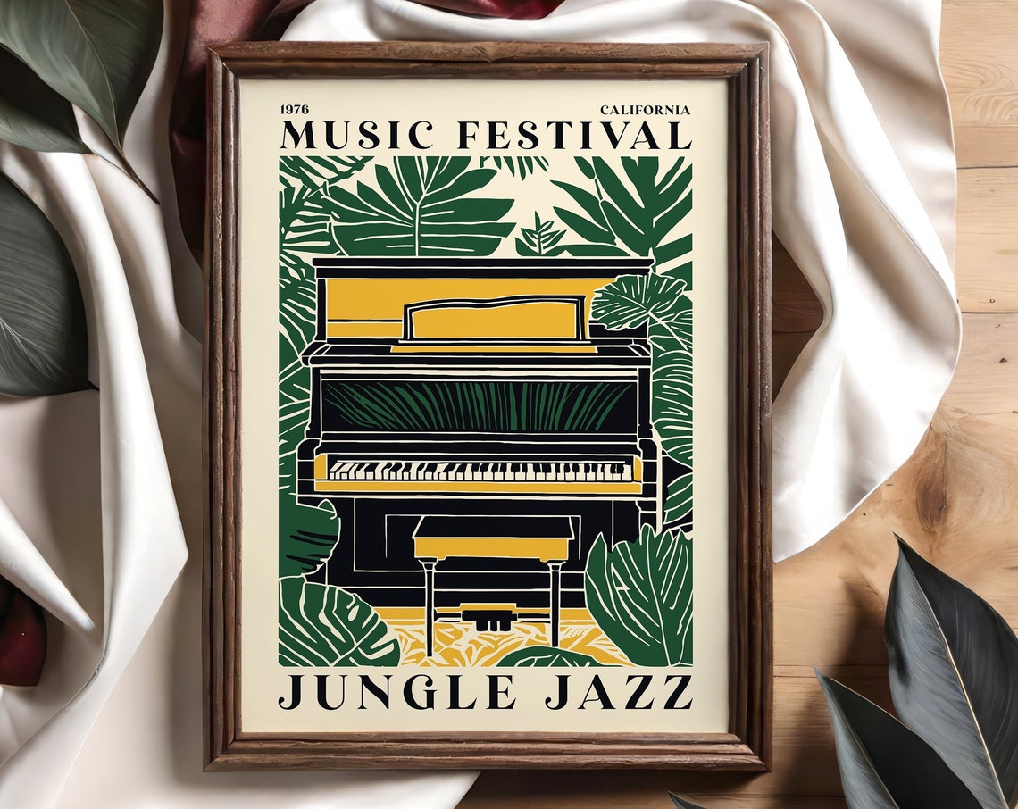 Vintage California Music Festival Jungle Jazz Poster Retro Piano Tropical Leaves Wall Art Collectible Music Poster Home Decor Large Art