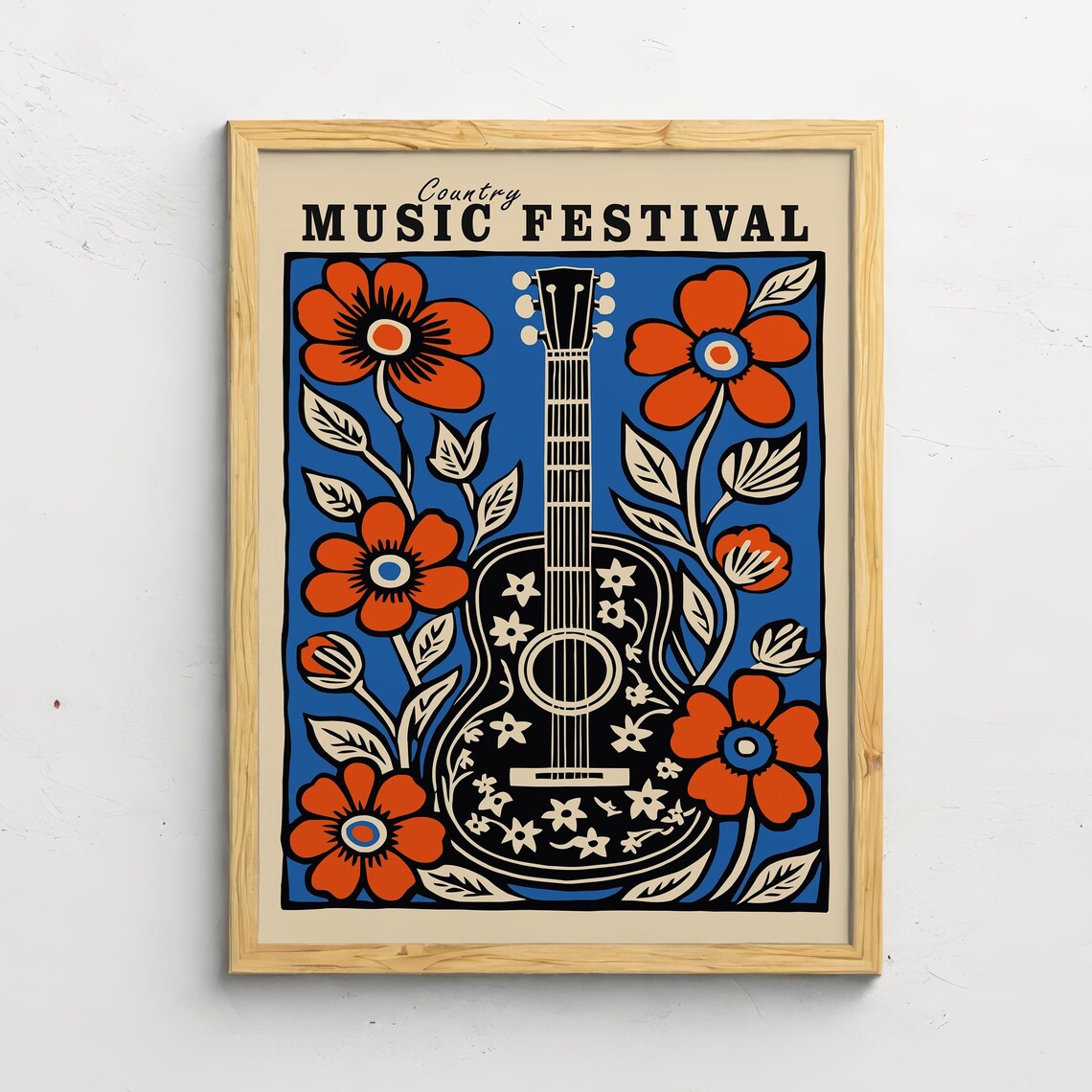 Timeless Country Music Festival Folk Guitar Orange Floral Poster