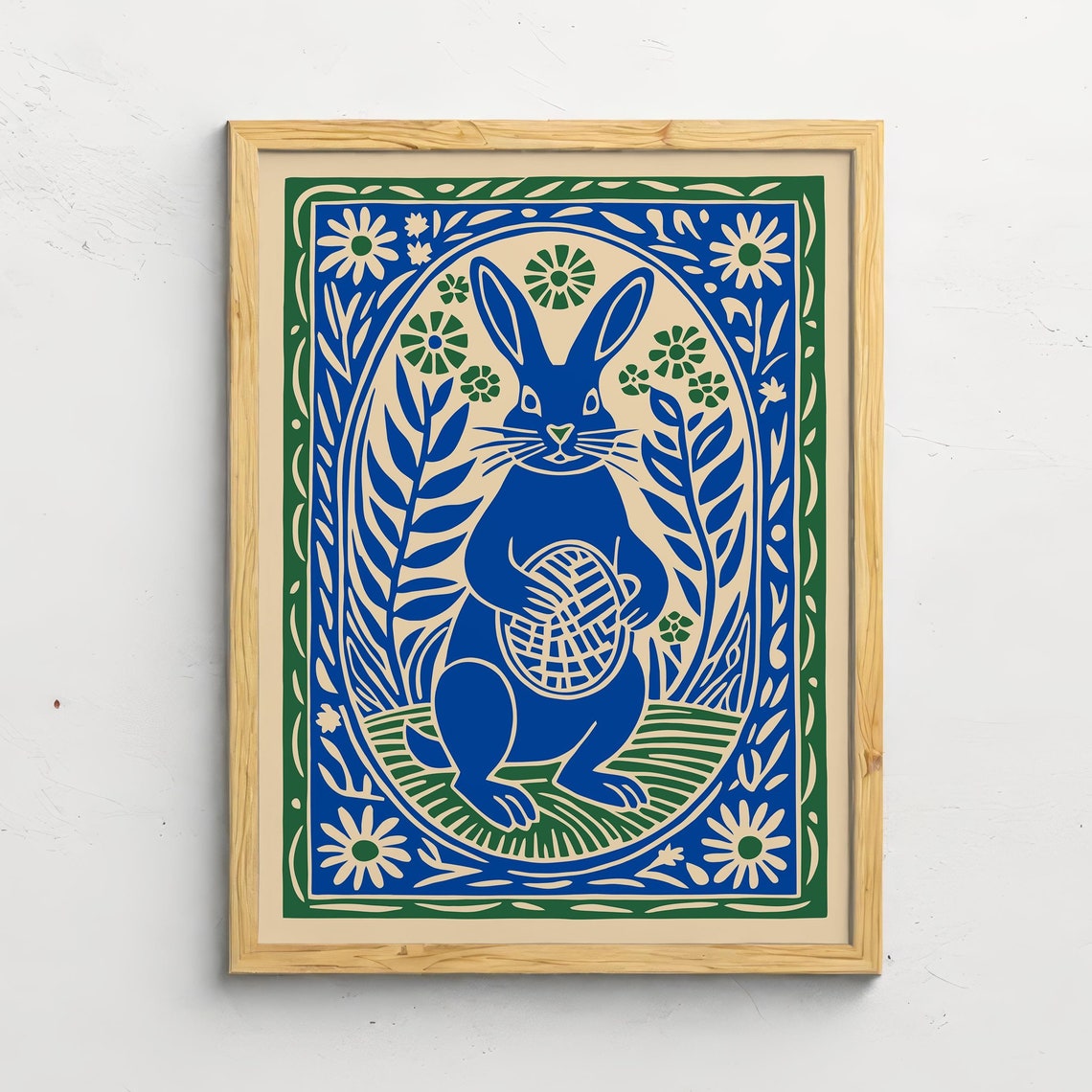Blue Easter Bunny Holding Woven Basket Folk Floral Art Poster