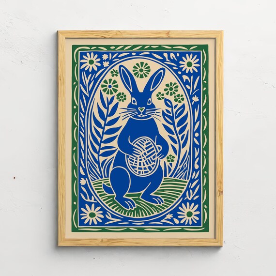 Blue Easter Bunny Holding Woven Basket Folk Floral Art Poster