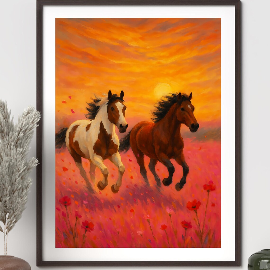 Pair of Wild Horses Running Through a Sunset Poppy Field Poster