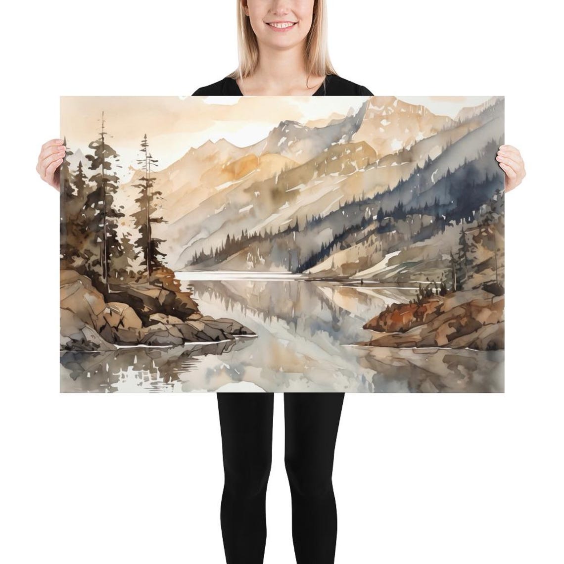 Mountain Lake Reflection with Snowy Mountain Peaks Watercolor Poster - Image 5