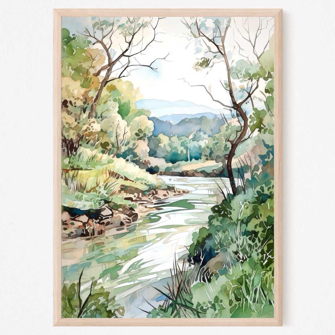 Green River Through Summer Forest Watercolor Nature Art Poster
