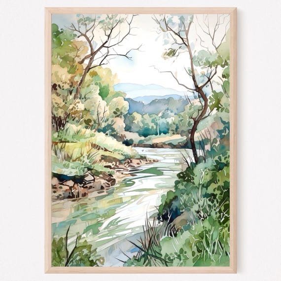 Rural River Watercolor Painting Art Print Summer Country Landscape Wall Art Rustic Nature Poster Home Decor Gift