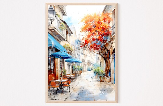 European Old Town Cafe Street Bougainvillea Watercolor Travel Poster
