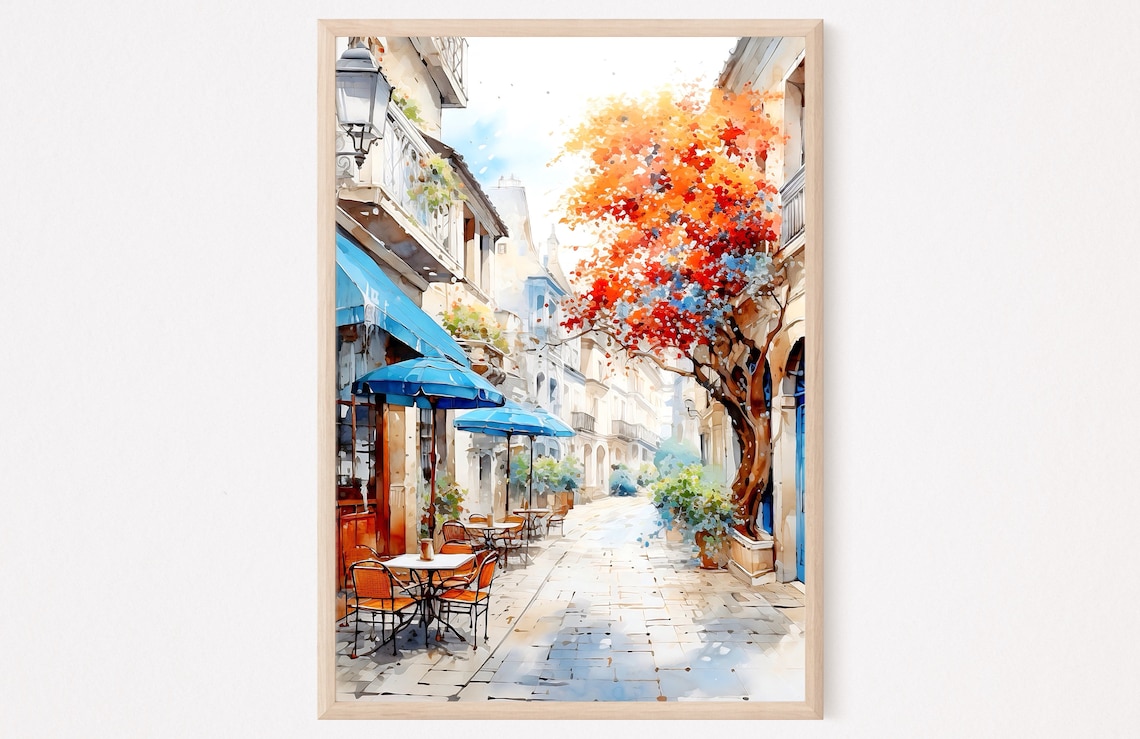 European Old Town Cafe Street Bougainvillea Watercolor Travel Poster