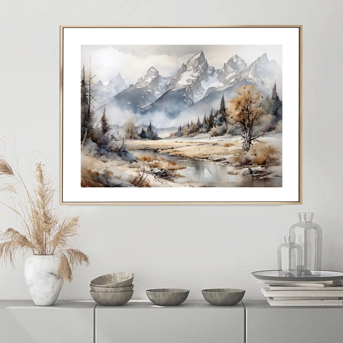 Grand Teton Snowy Peaks Over Meadow and Stream Watercolor Poster - Image 4