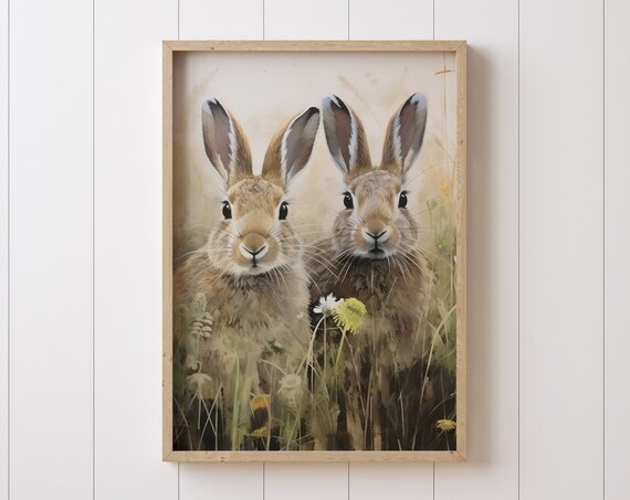 Vintage Bunnies Watercolor Pair Spring Meadow Wildflower Wall Print