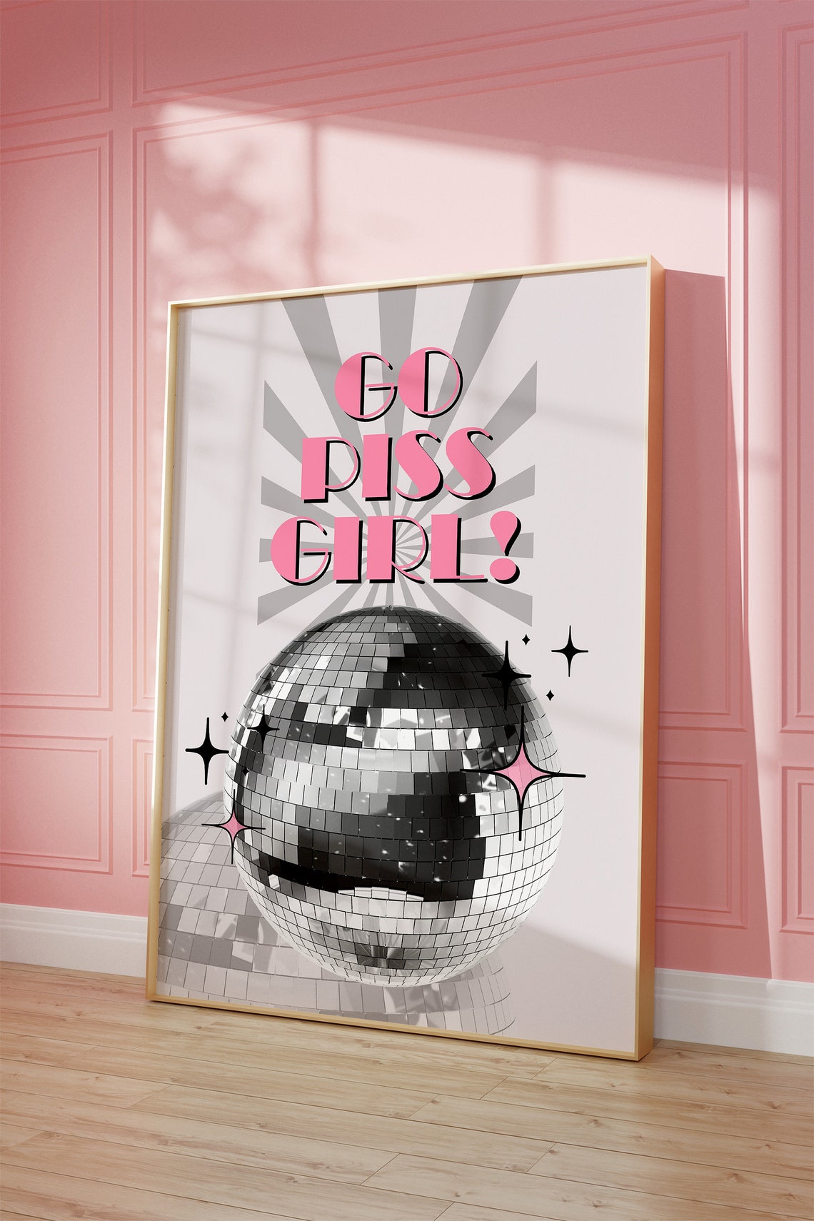 Go Piss Girl Disco Ball Funny Bathroom Retro Pink Party Wall Art