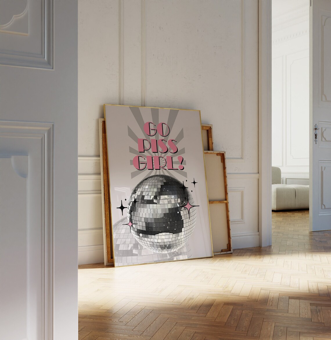 Go Piss Girl Disco Ball Funny Bathroom Retro Pink Party Wall Art - Image 3