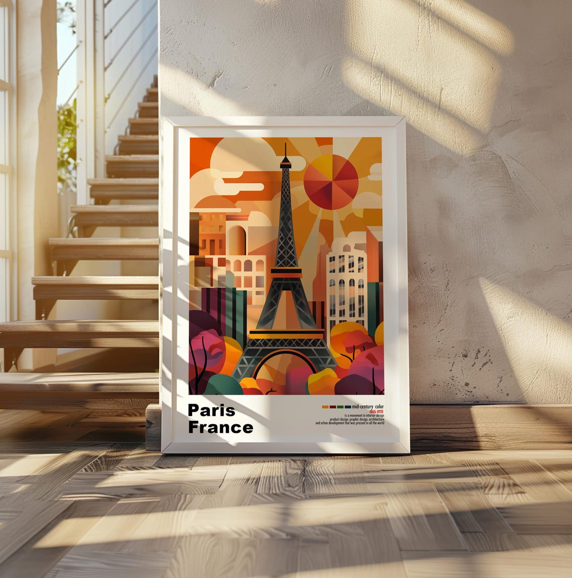 Paris France Eiffel Tower Sunburst Skyline Mid Century Travel Poster - Image 2