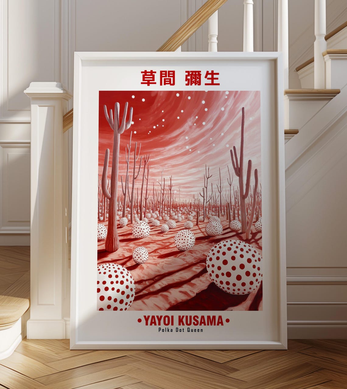 Red Desert White Dotted Orbs Tall Cacti Yayoi Kusama Inspired Poster