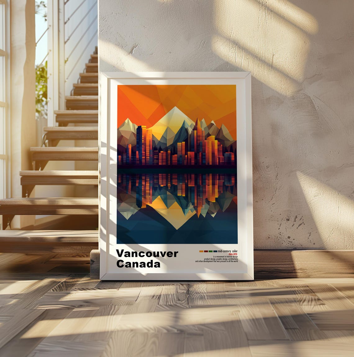 Vancouver Canada Skyline Sunset Reflection Low Poly Mid Century Poster - Image 2