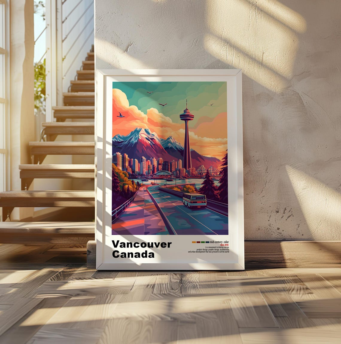 Vancouver Canada Tower Bridge Highway Sunset Mid Century Poster - Image 2