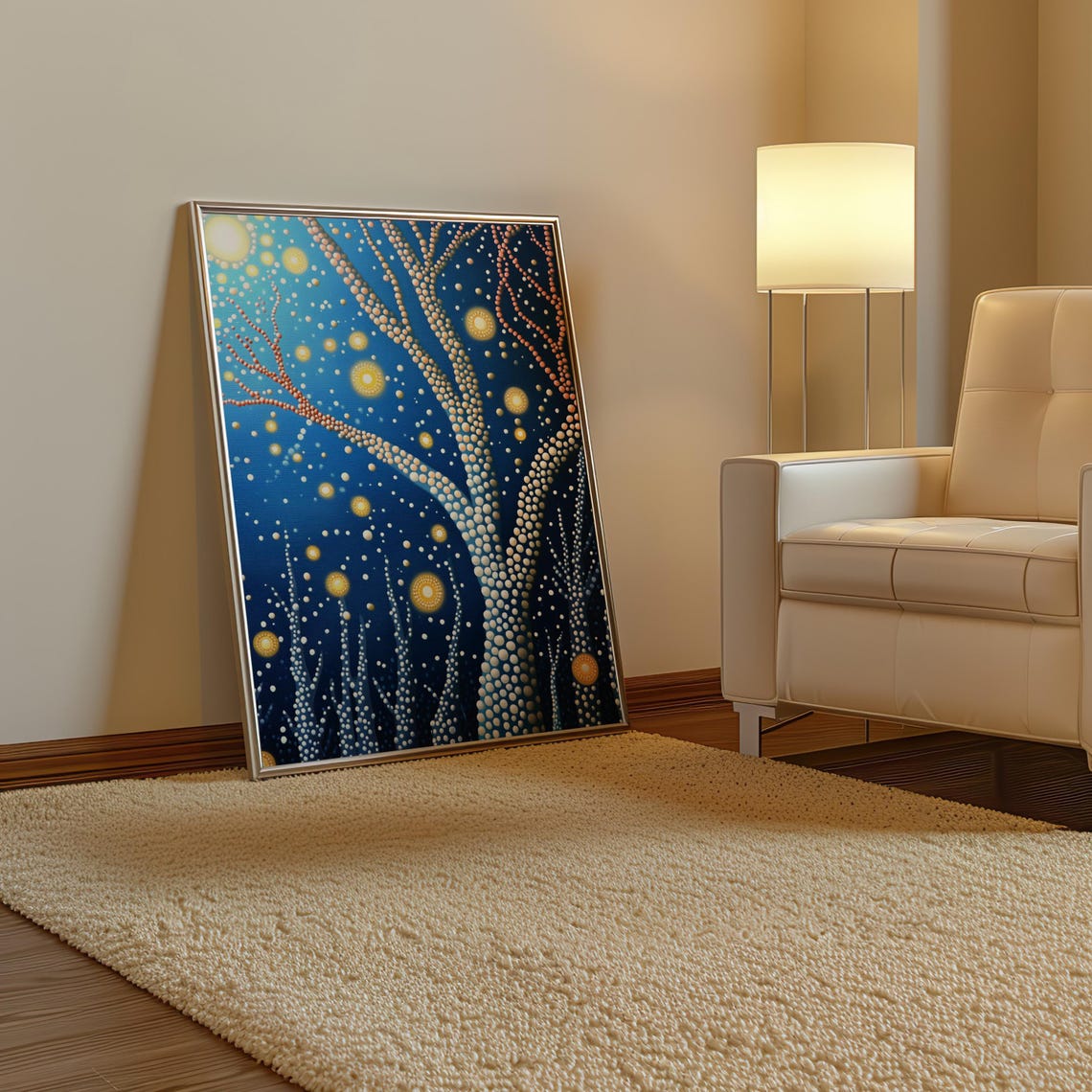Golden Dot Tree Under Starry Blue Night Sky Kusama Style Poster - Image 2