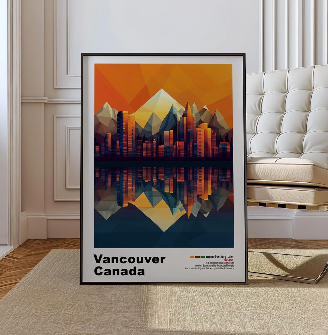 Vancouver Canada Skyline Sunset Reflection Low Poly Mid Century Poster