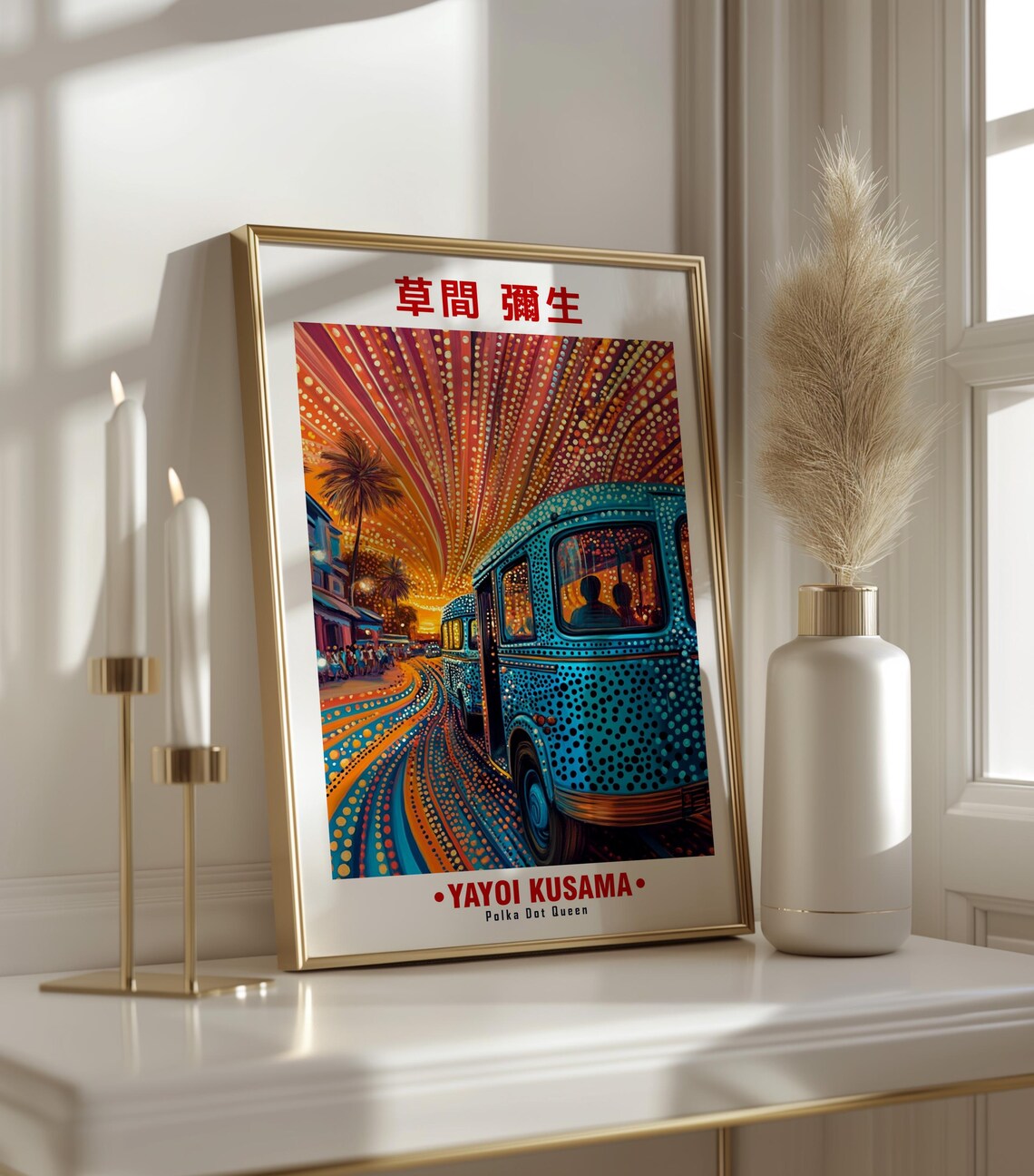 Blue Bus Street Palm Trees Sunset Yayoi Kusama Inspired Poster - Image 3
