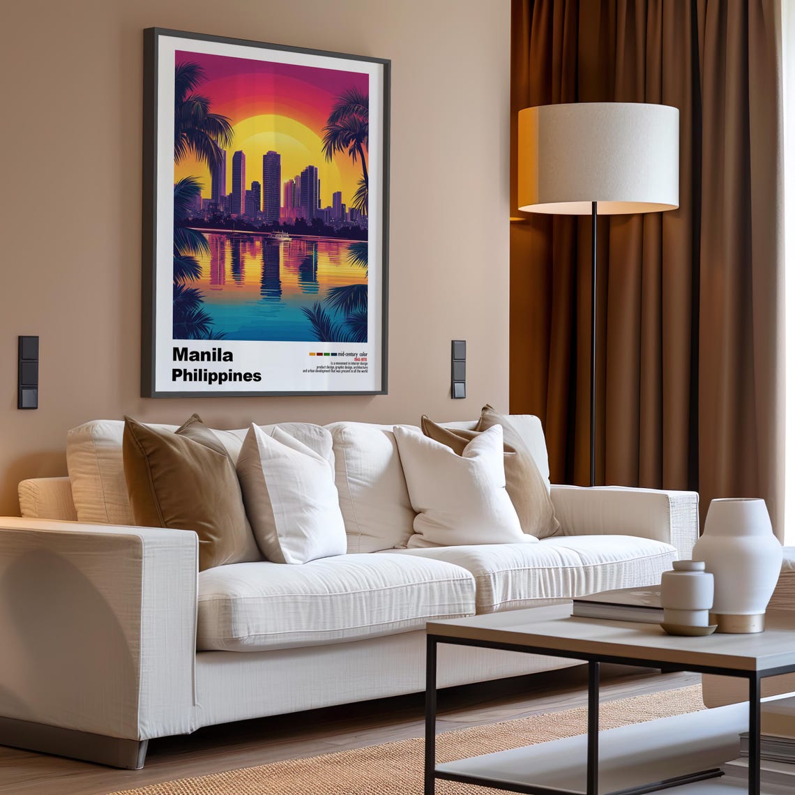 Manila Philippines Sunset Waterfront Skyline Palm Reflection Poster - Image 3