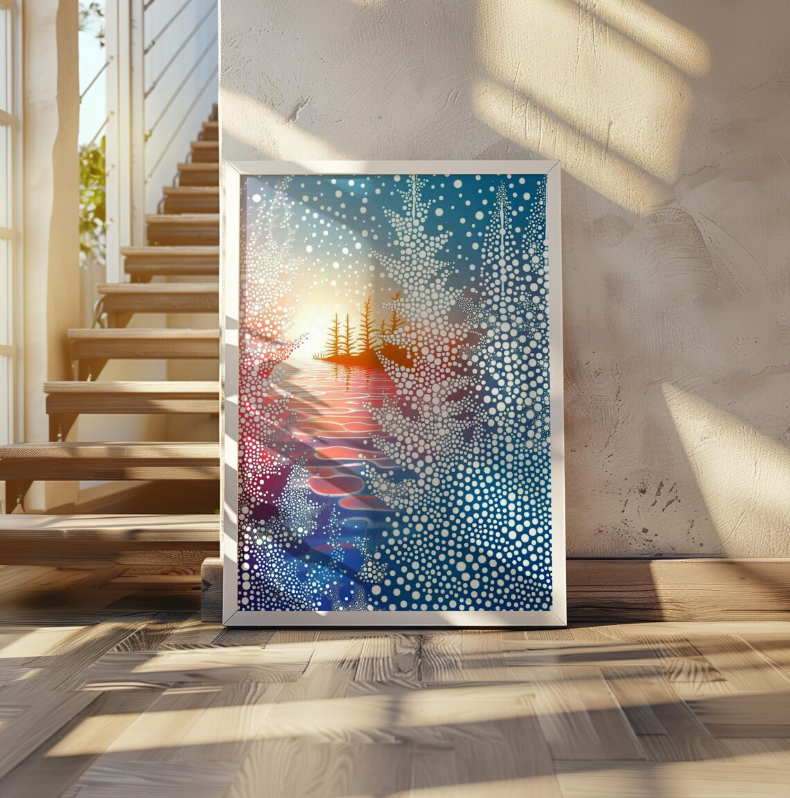 Yayoi Kusama Inspired Dotted Sunset Over Purple Waters Art Poster