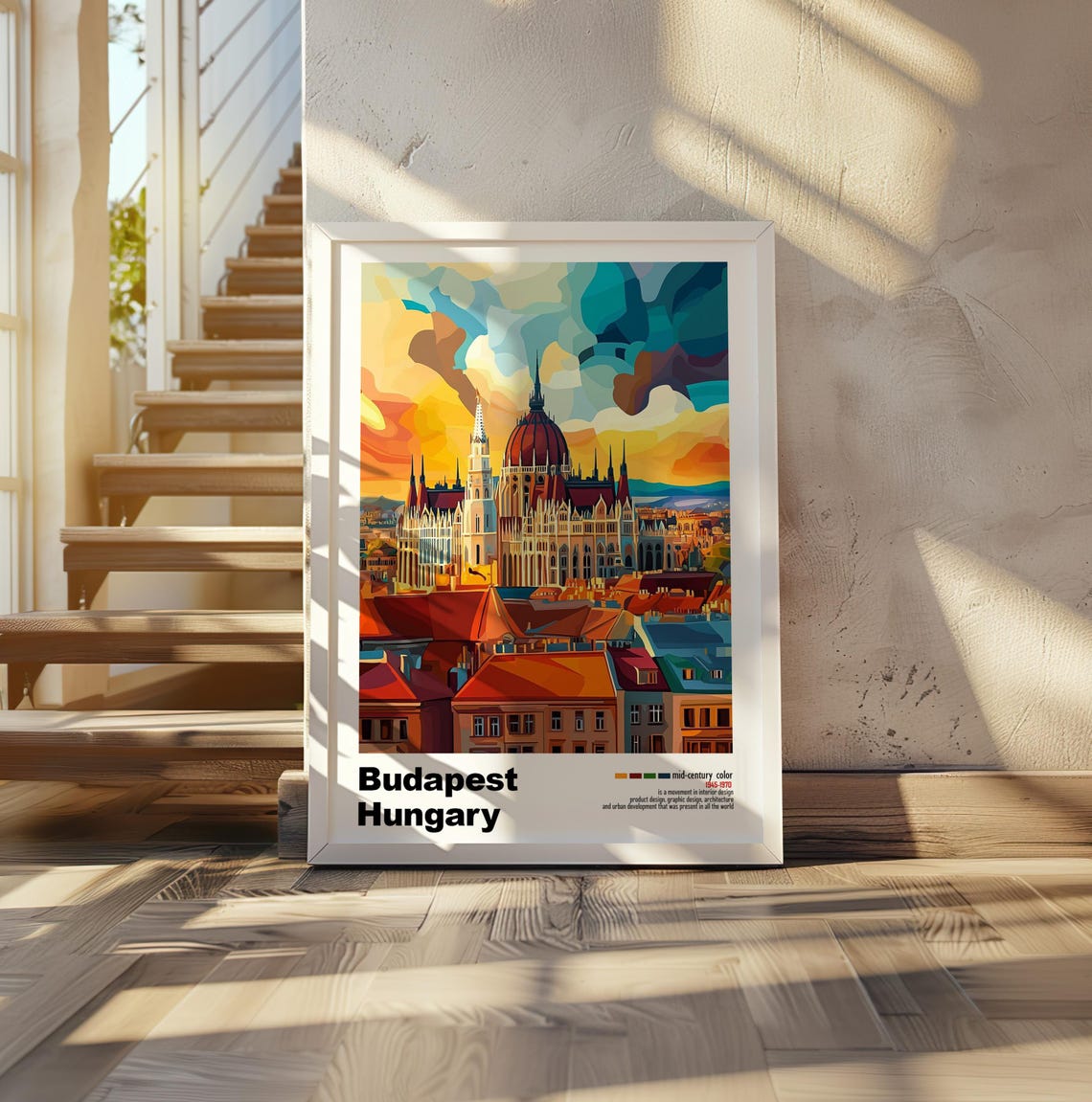 Budapest Hungary Parliament Sunset Skyline Mid Century Poster - Image 2
