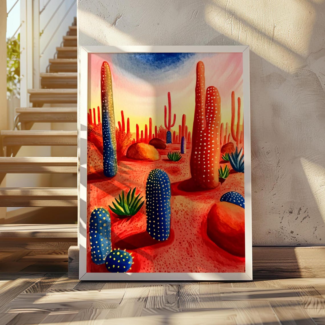 Red Desert Landscape with Blue Dotted Cacti Under a Pastel Sky Poster