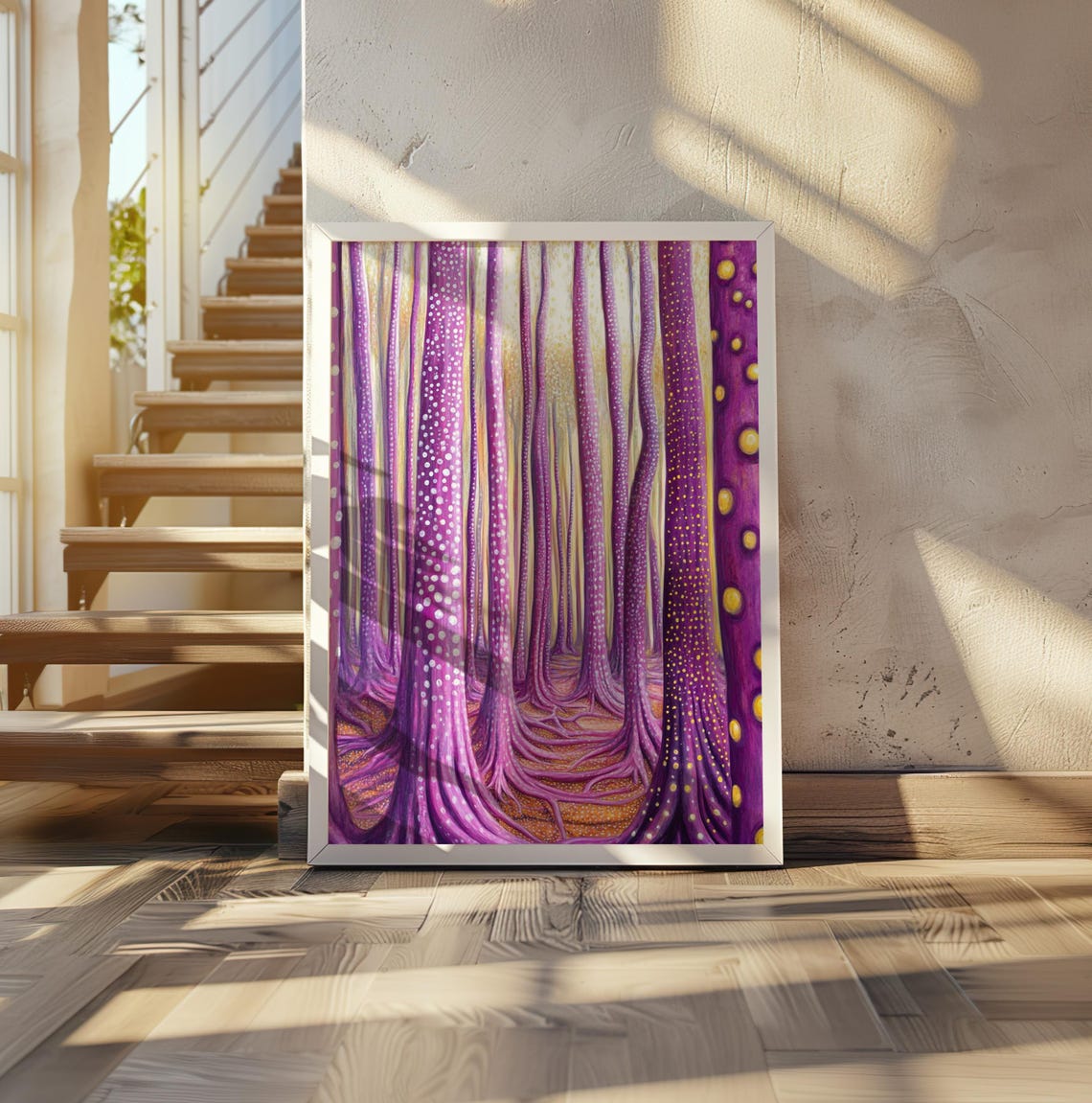 Kusama Inspired Purple Dotted Forest Tree Trunk Pathway Poster