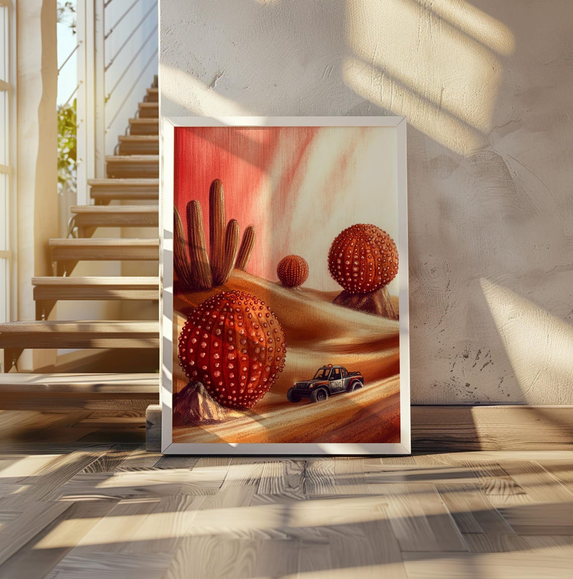 Off Road Truck Crossing a Vast Red Cactus Desert Sunset Art Poster