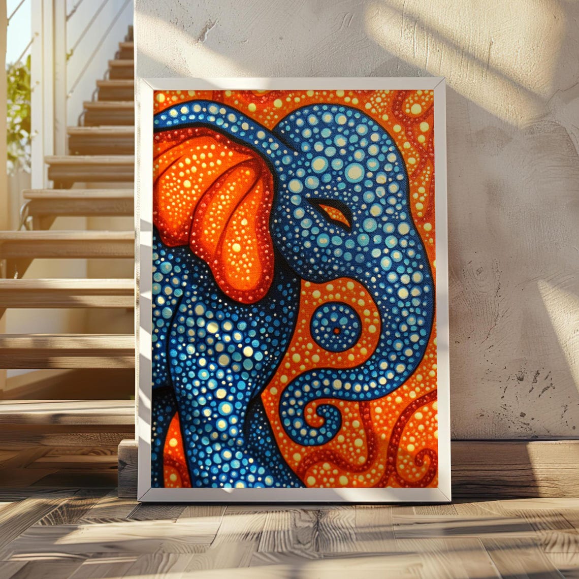 Blue Elephant Head in Dotted Style on Orange Background Poster