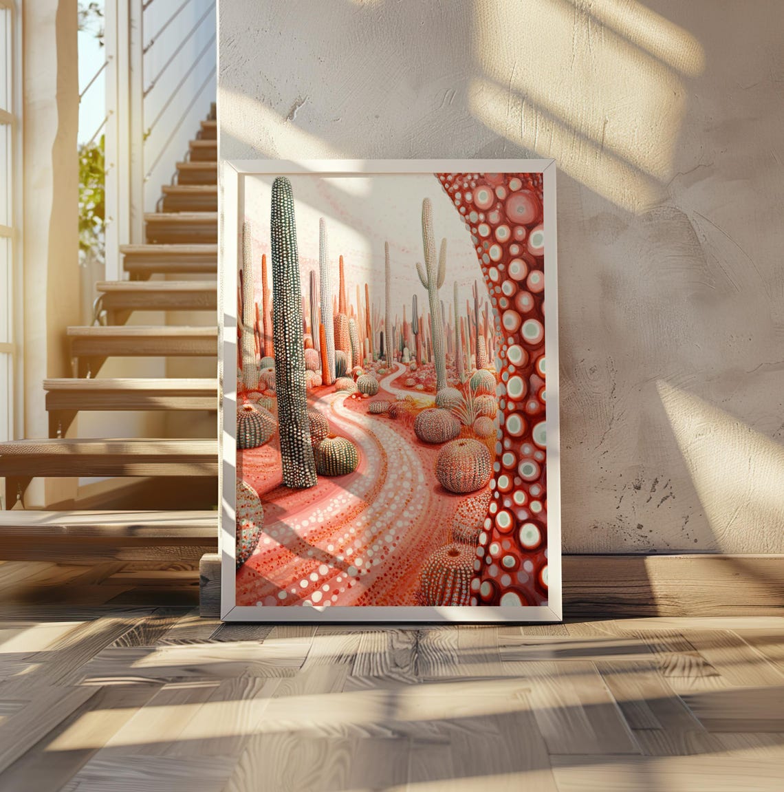 Pink Cactus Canyon Path in Surreal Kusama Dot Art Style Poster