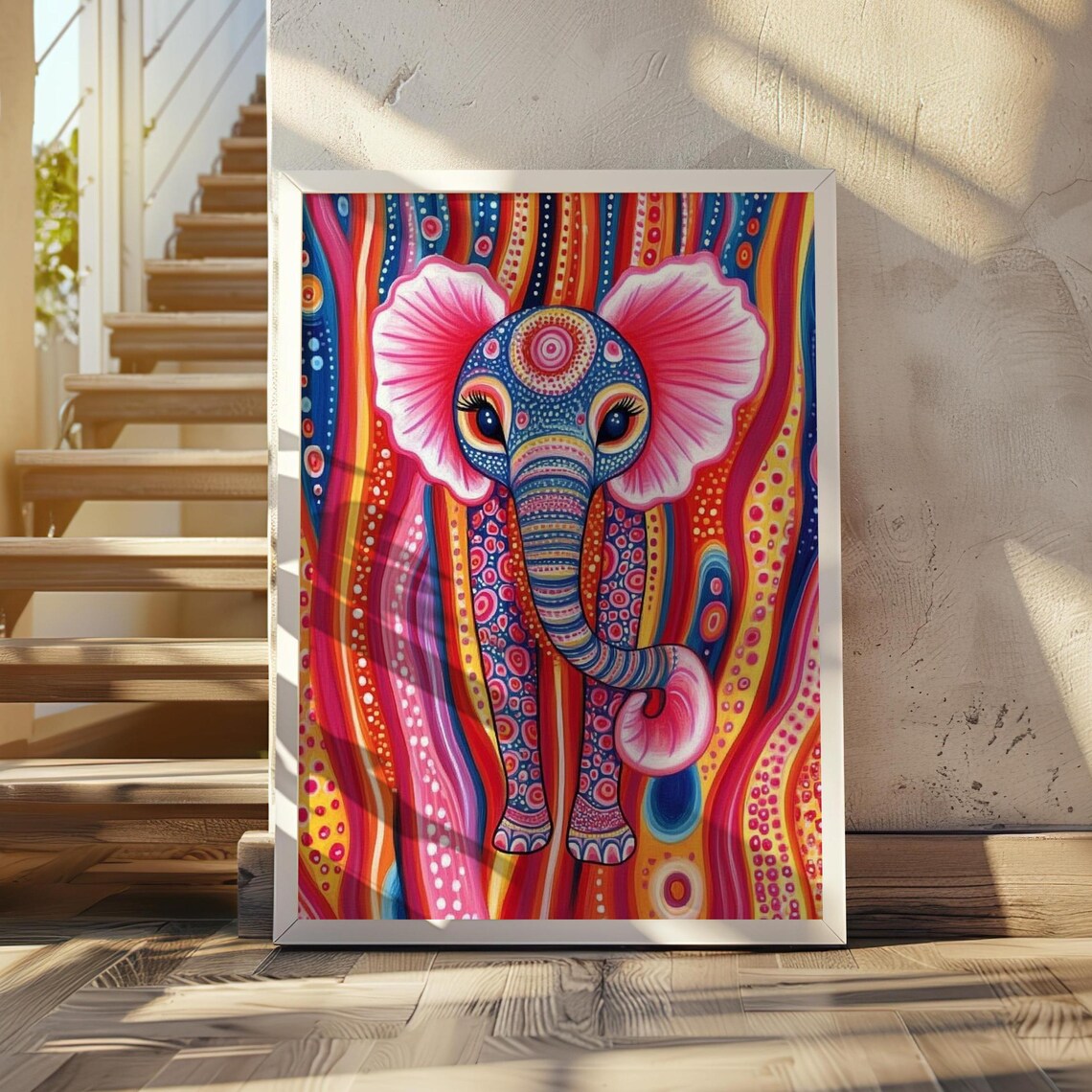 Rainbow Elephant with Pink Flower Ears in Dotted Pop Art Poster
