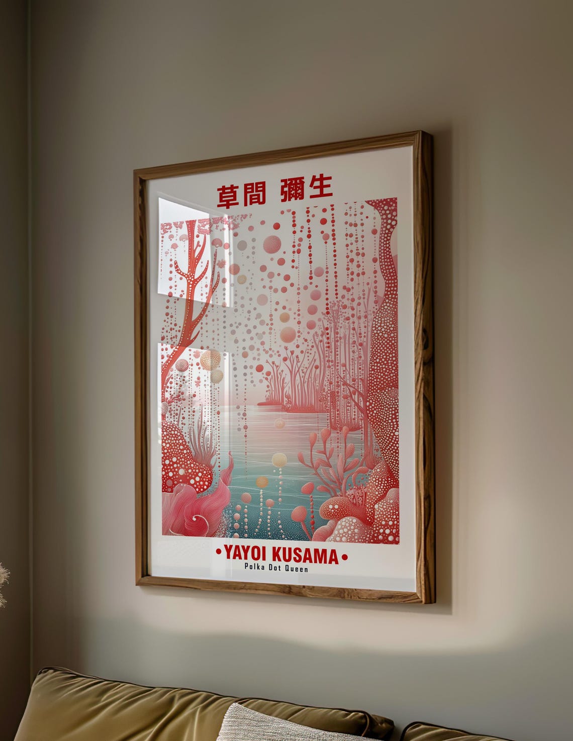 Red Coral Garden Dotted Trees Soft Ocean Yayoi Kusama Inspired Poster - Image 2
