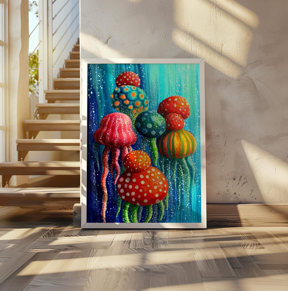 Colorful Spotted Jellyfish Drifting in Teal Ocean Dot Art Poster