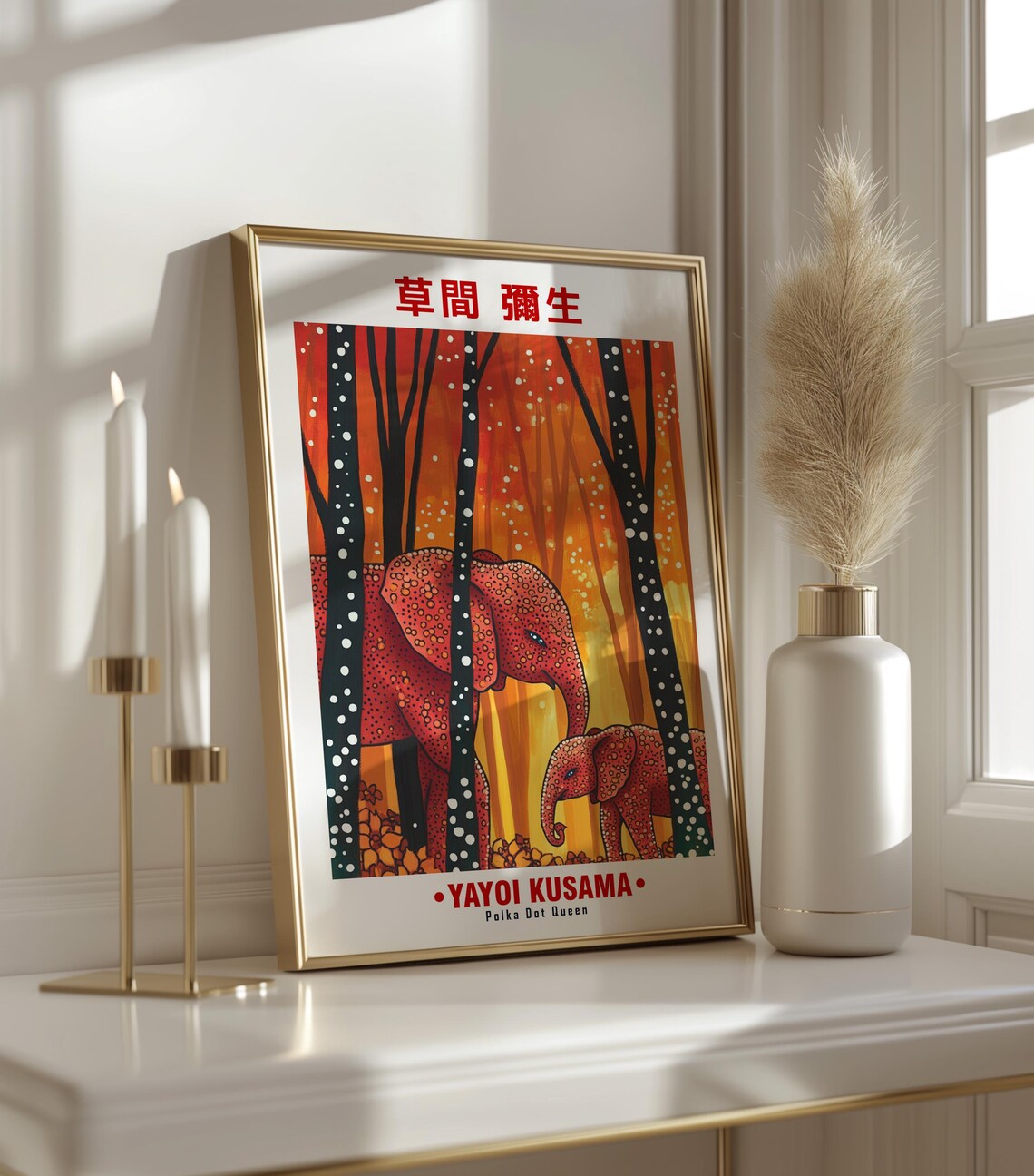 Yayoi Kusama-Inspired Red Elephants in Autumn Forest Art Poster - Image 3