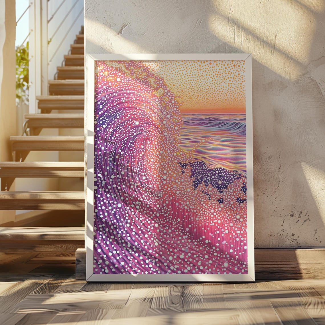 Pink Ocean Wave Crash in Polka Dot Pointillism Art Style Poster