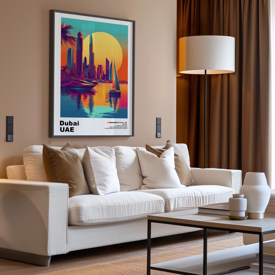Dubai UAE Marina Skyline Sunset Sails Mid Century Travel Poster - Image 3