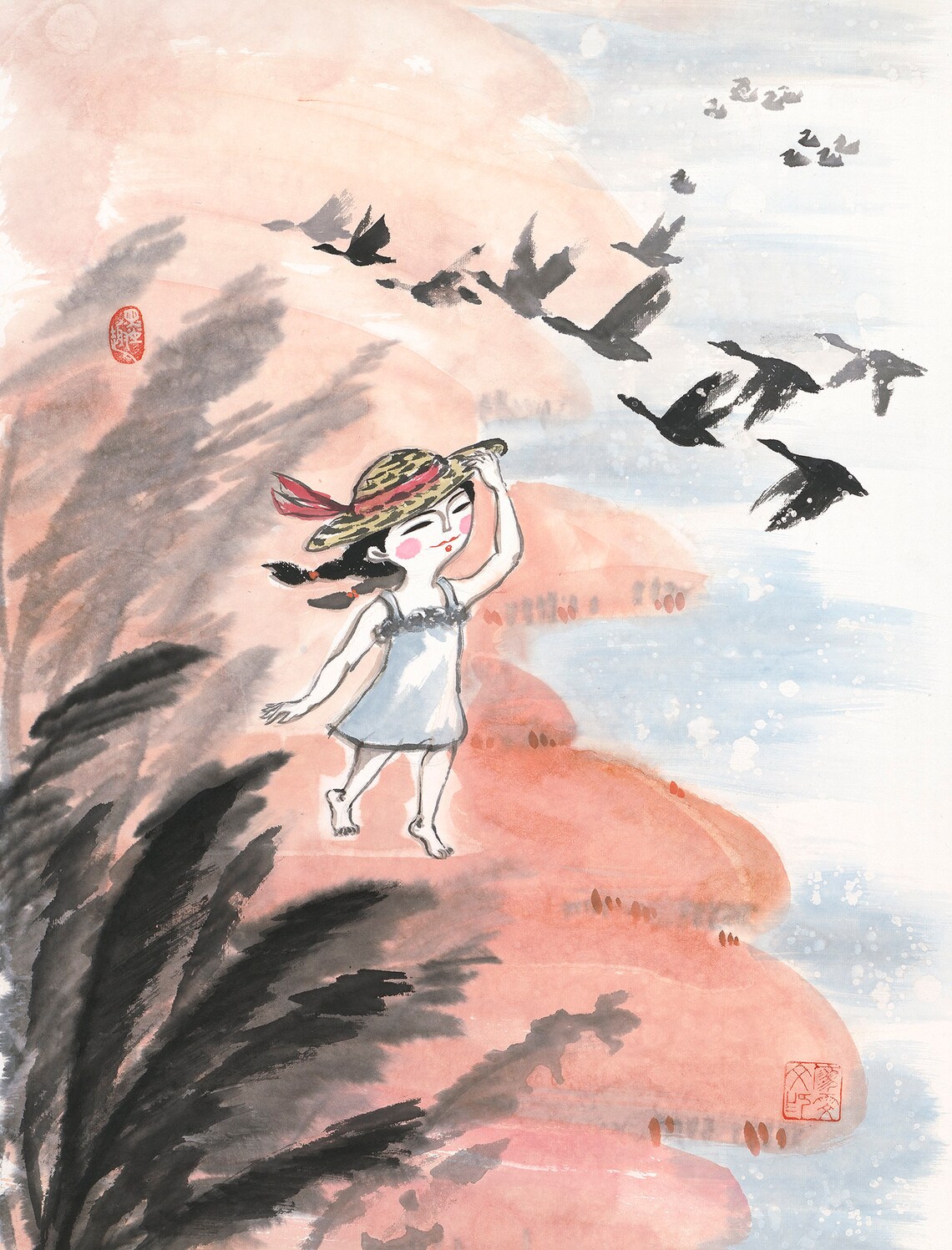 Girl And Geese Chinese Ink Art Print, Nursery Decor - Image 3