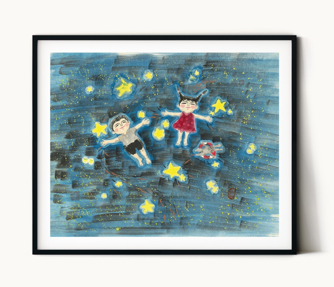 Kids Floating Among Yellow Stars Night Sky Art Bedtime Poster