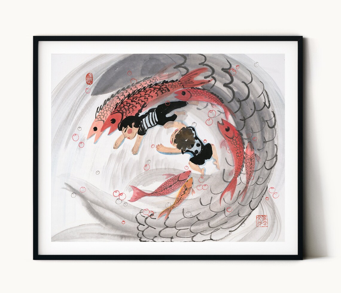 Two Kids Swimming With Koi Fish Swirl Ink Wash Playful Poster