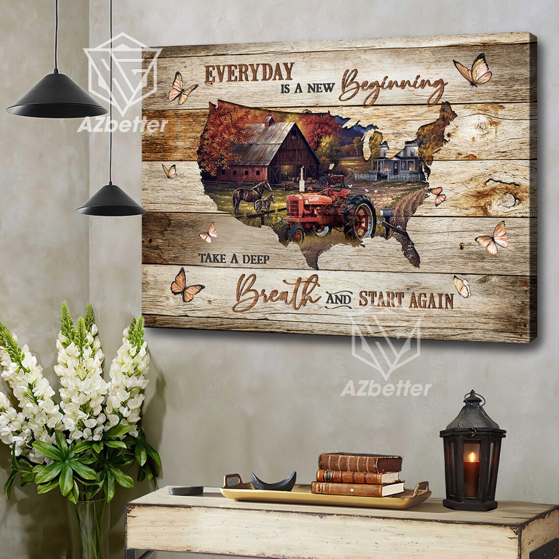 Vintage Farm Scene inside USA Map New Beginning Quote Poster - Image 4